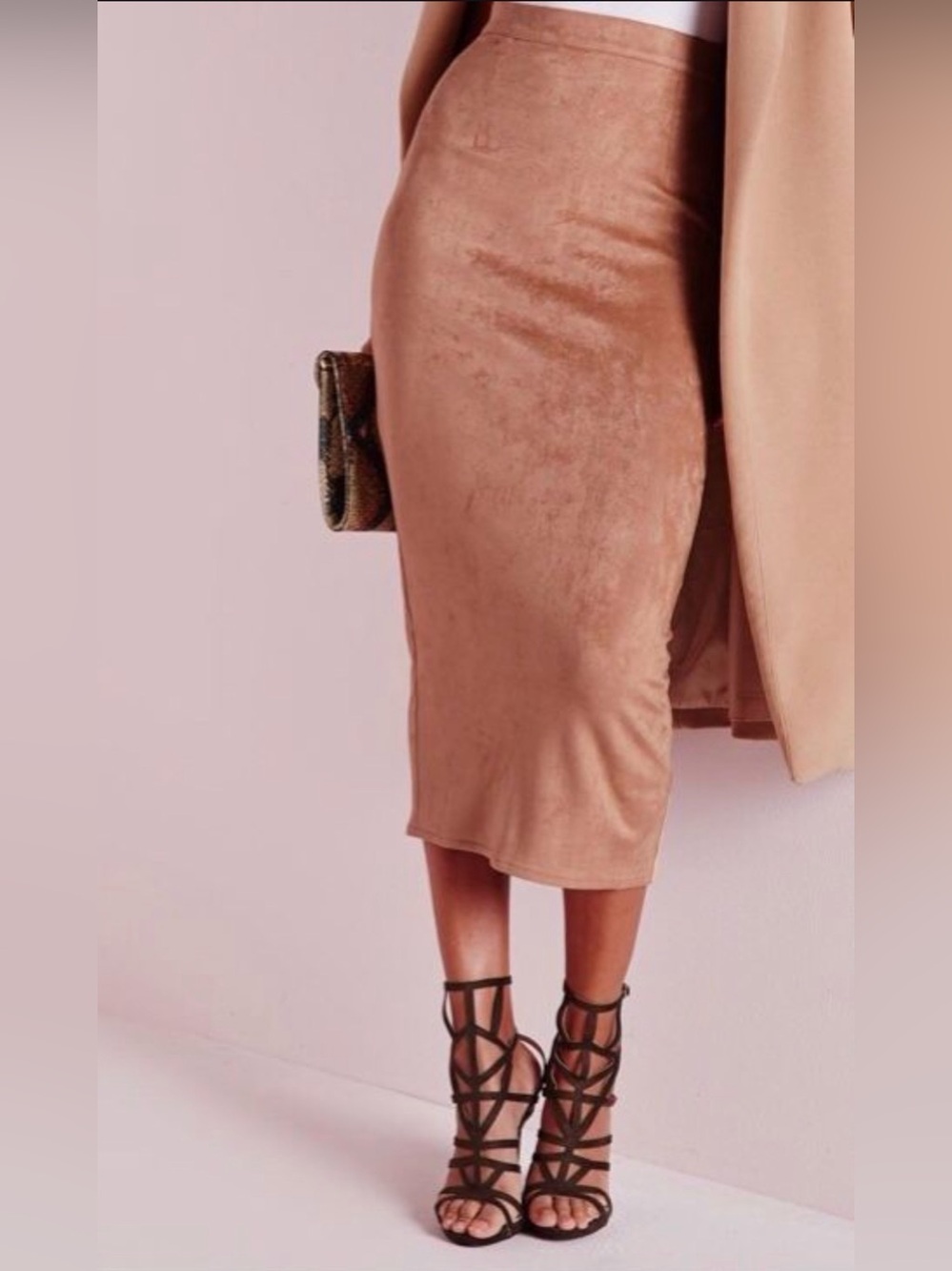 Missguided Blush Tan Velvet Midi Pencil Skirt